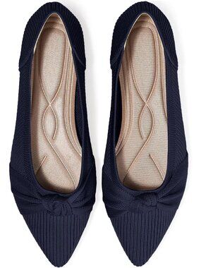Women's Navy Knit Pointed Toe Flats Twist Knot Bow Breathable Comfort Loafers
